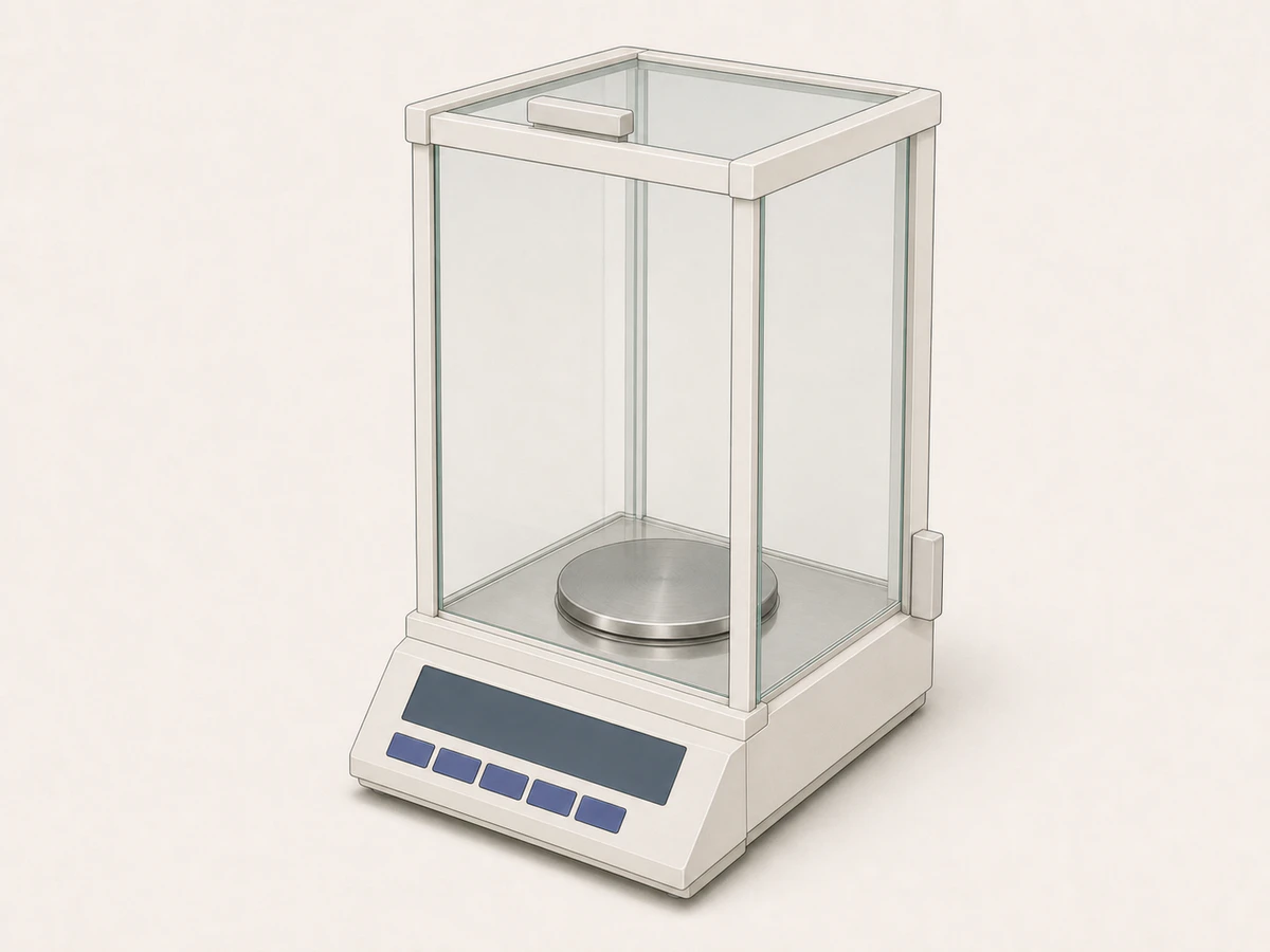 Mettler Toledo ME204 analytical balance with draft shield on a stone weighing table
