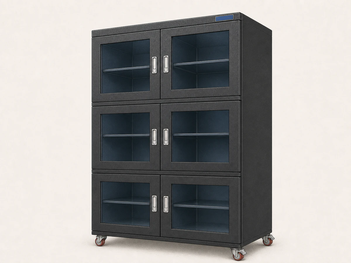 Black six-door electronic dry cabinet with humidity-controlled compartments