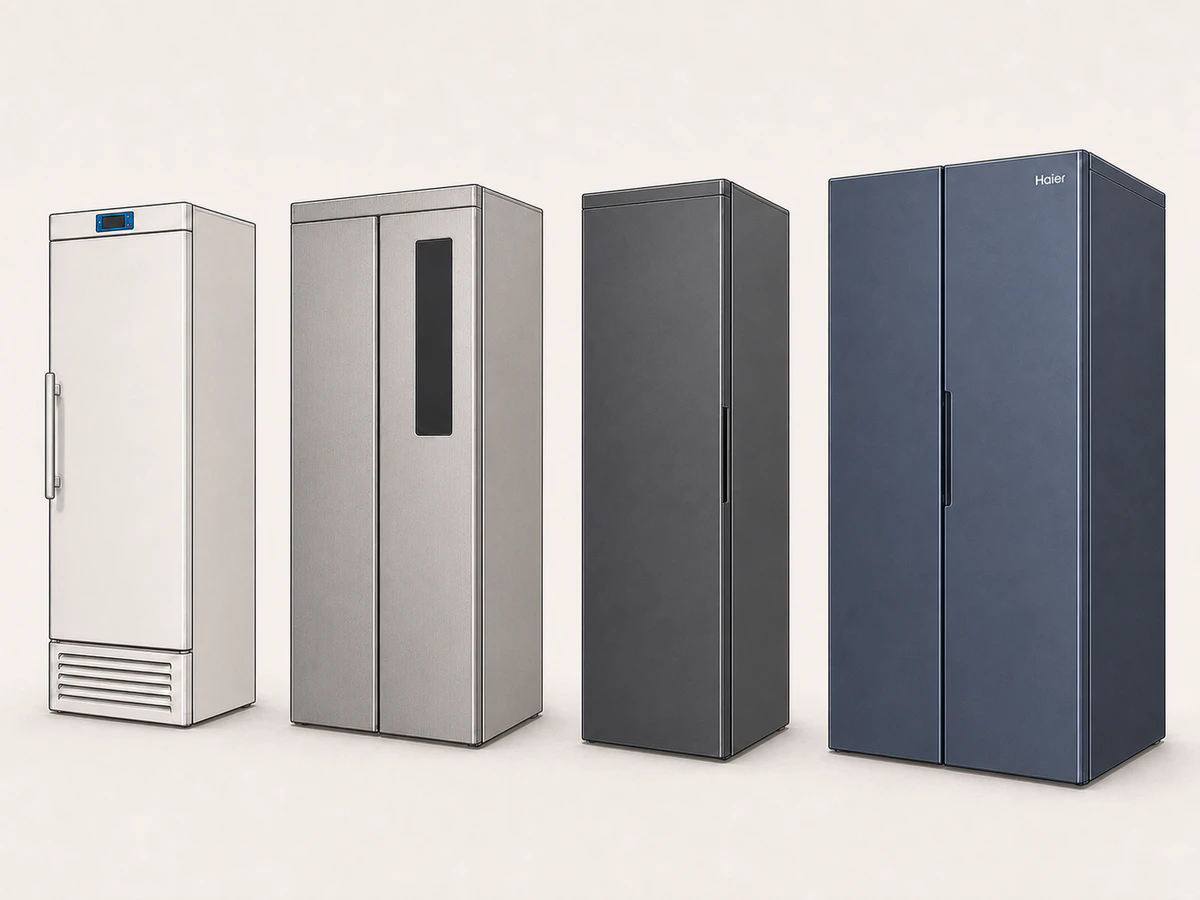 Row of laboratory refrigerators with an ultra-low-temperature freezer at the end