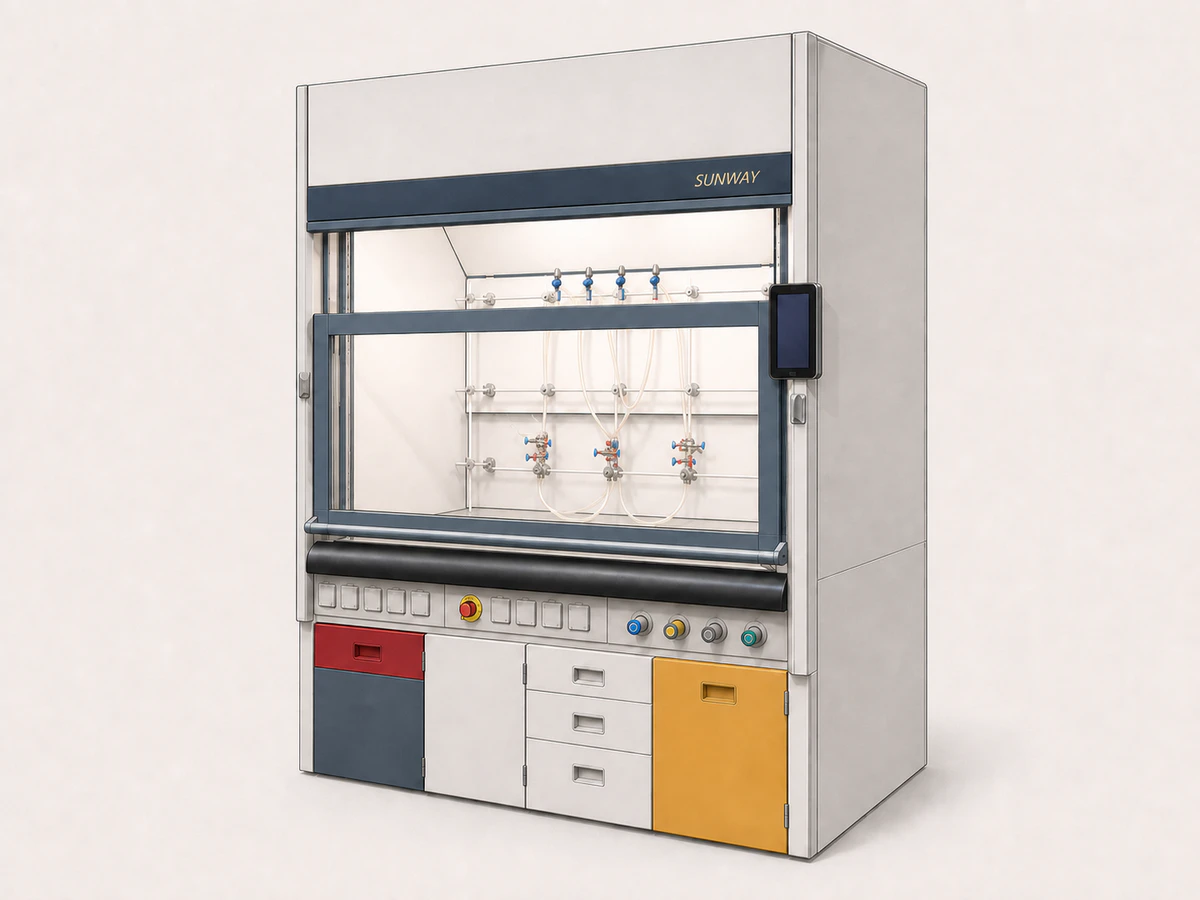 Sunway fume hood under EIT and Organic Chemistry nameplates with an HCS face-velocity monitor