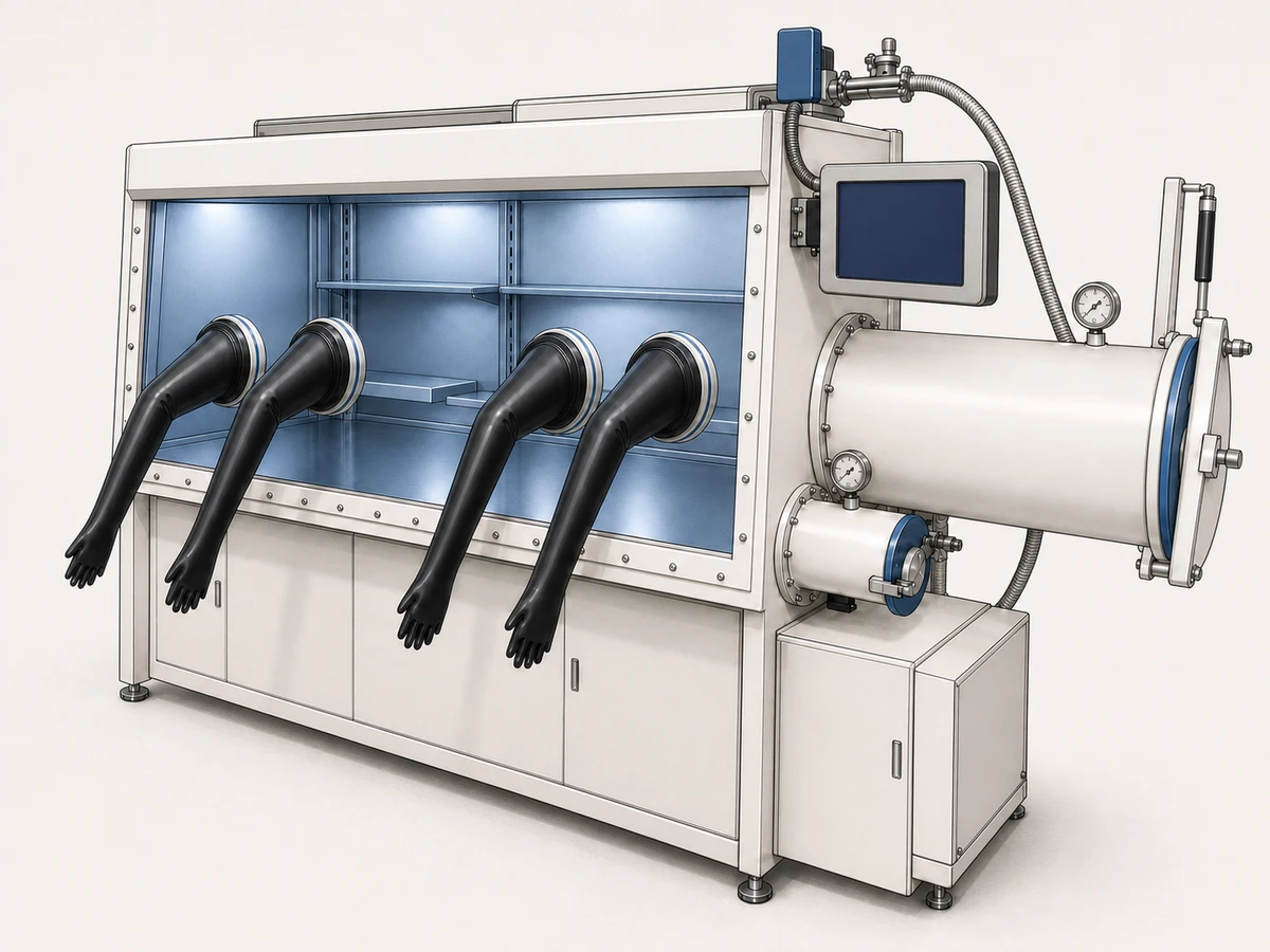 Mikrouna dual-workstation glovebox with gloves extended, antechamber, and Siemens control screen