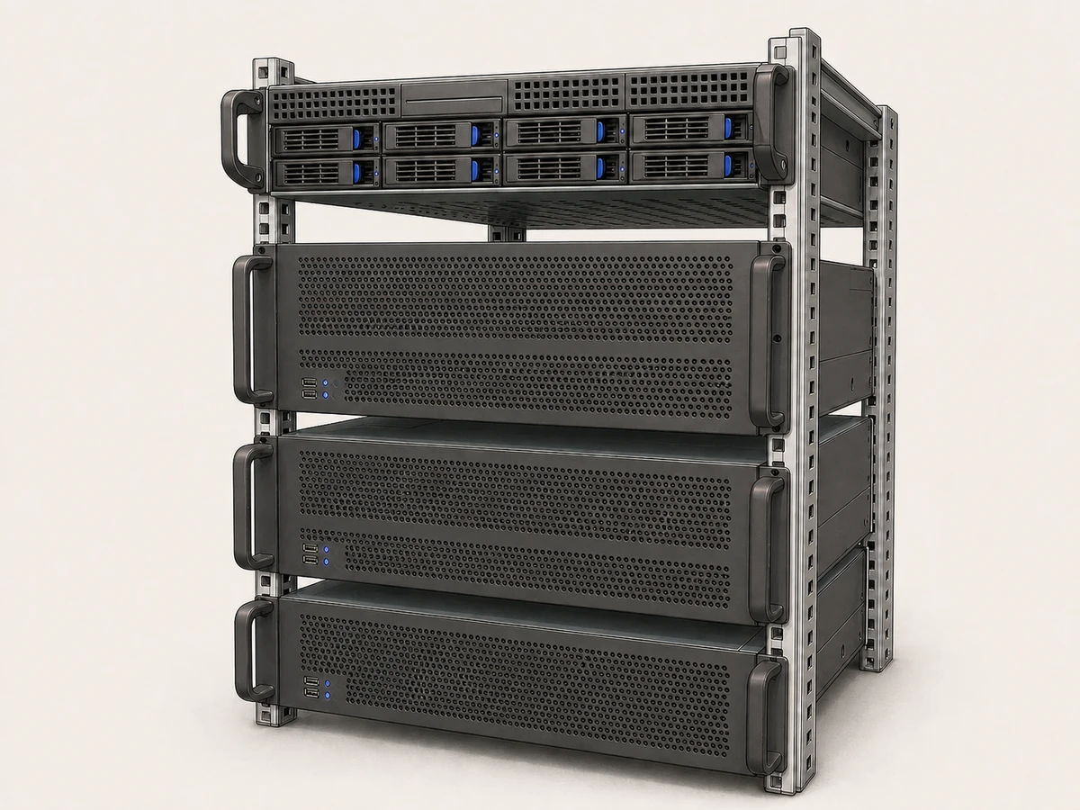 Rack-mounted compute nodes labelled node1 to node3 with a storage server above