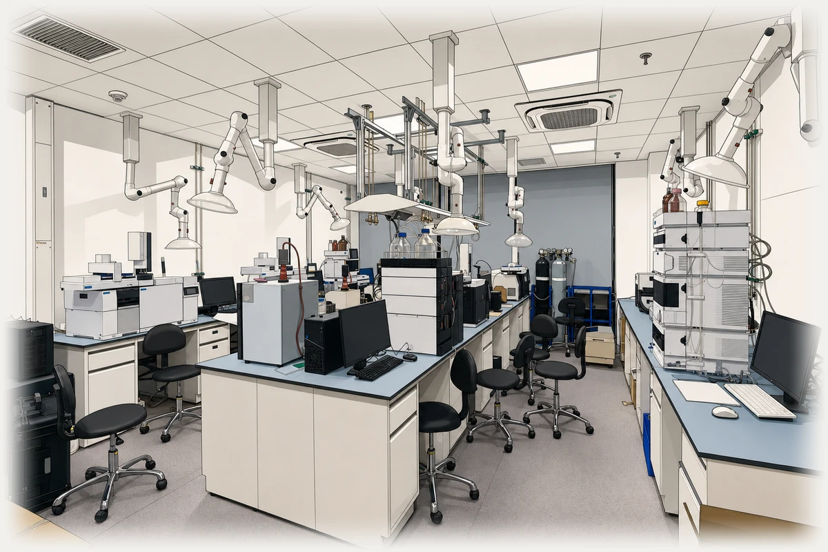Instrument room with analysis stations on a centre island and wall benches, each under a white extraction arm