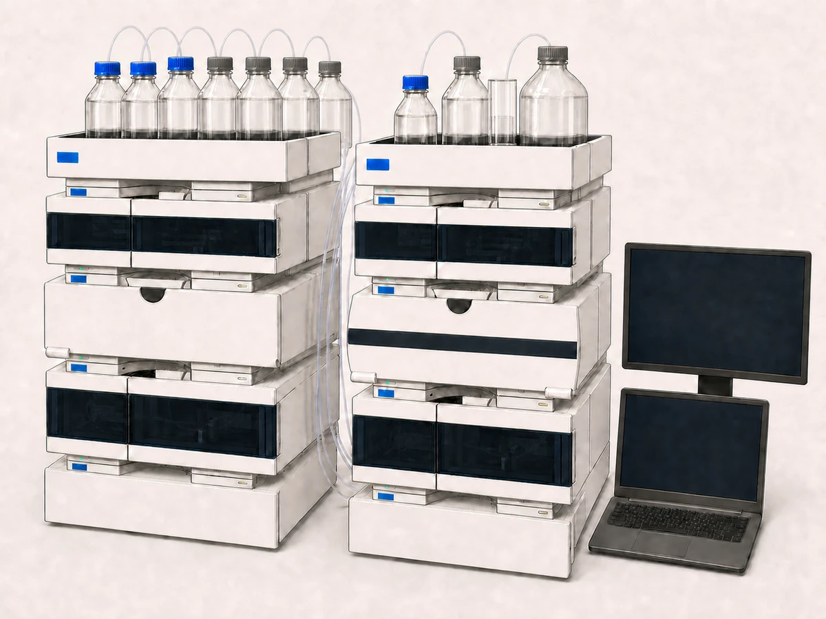 Two Agilent Infinity II LC stacks side by side with labelled mobile-phase bottles on top
