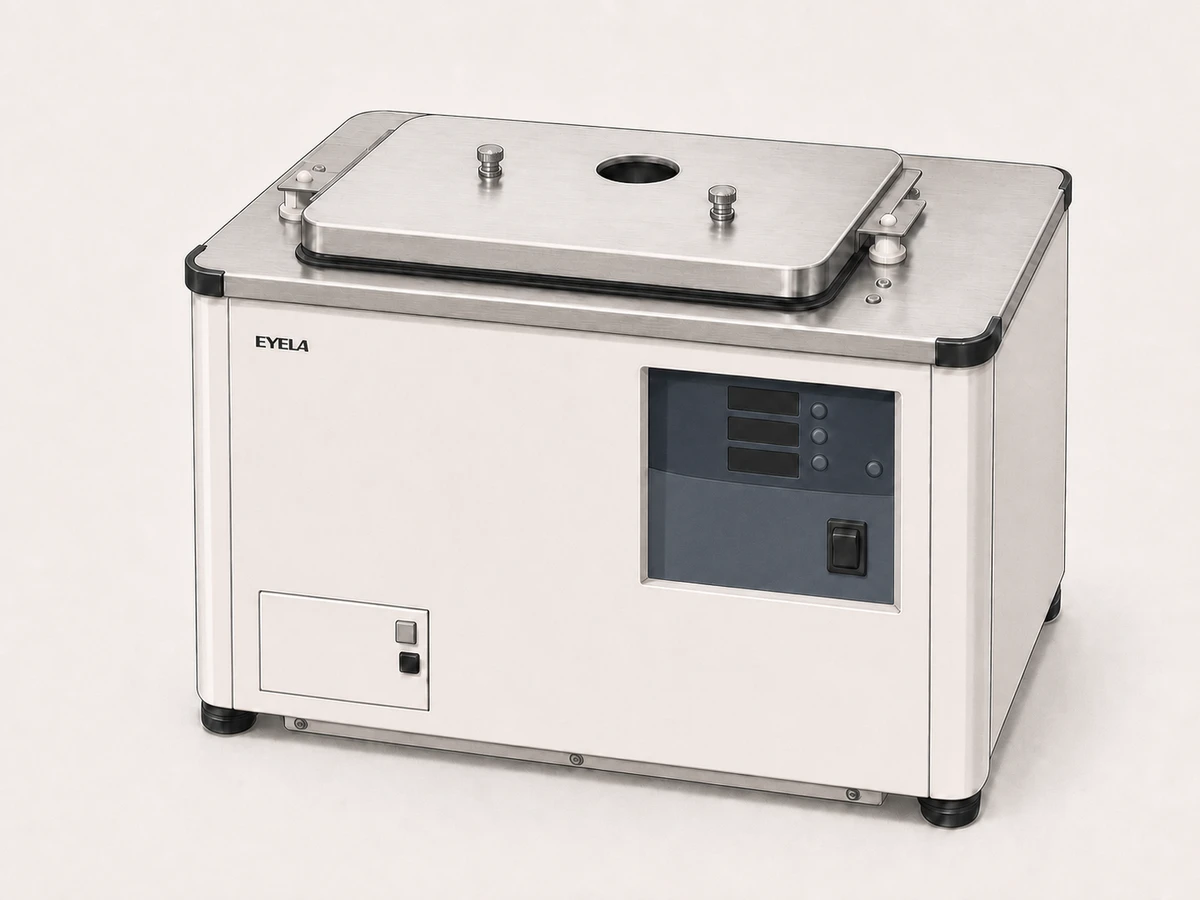 EYELA PSL-1810 low-temperature reaction bath with digital controller inside a fume hood