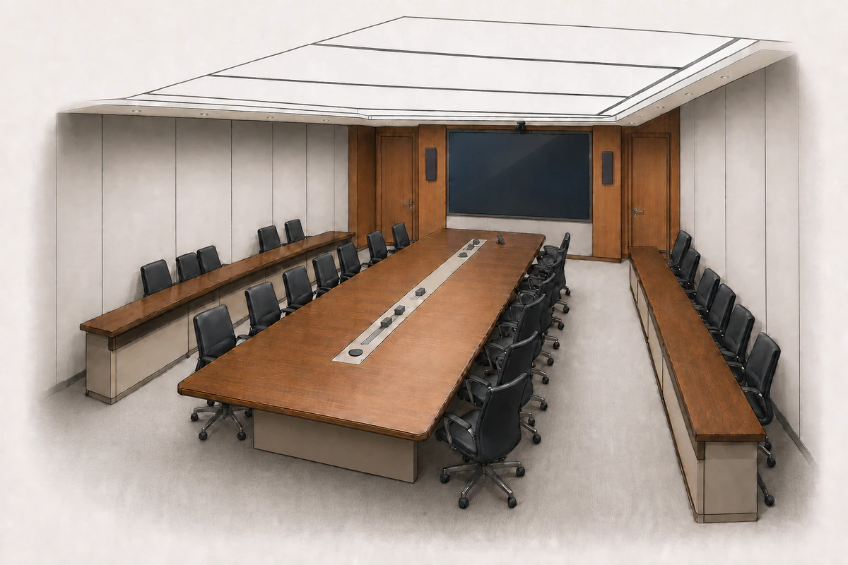 Large conference room 436 with a long table, leather chairs, and a video-conference screen
