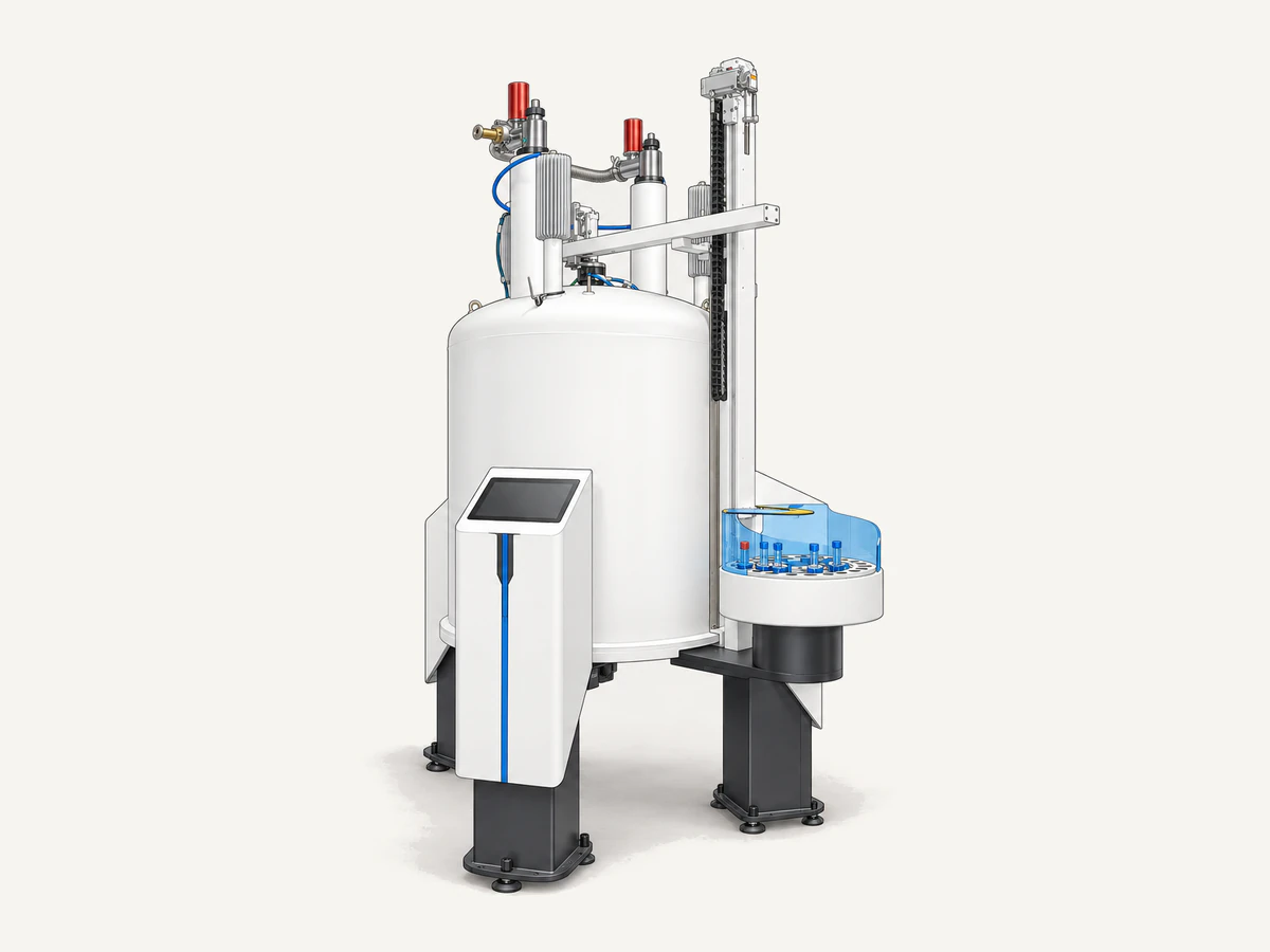 CIQTEK CAN400 NMR spectrometer with autosampler carousel and cryogen-level touchscreen