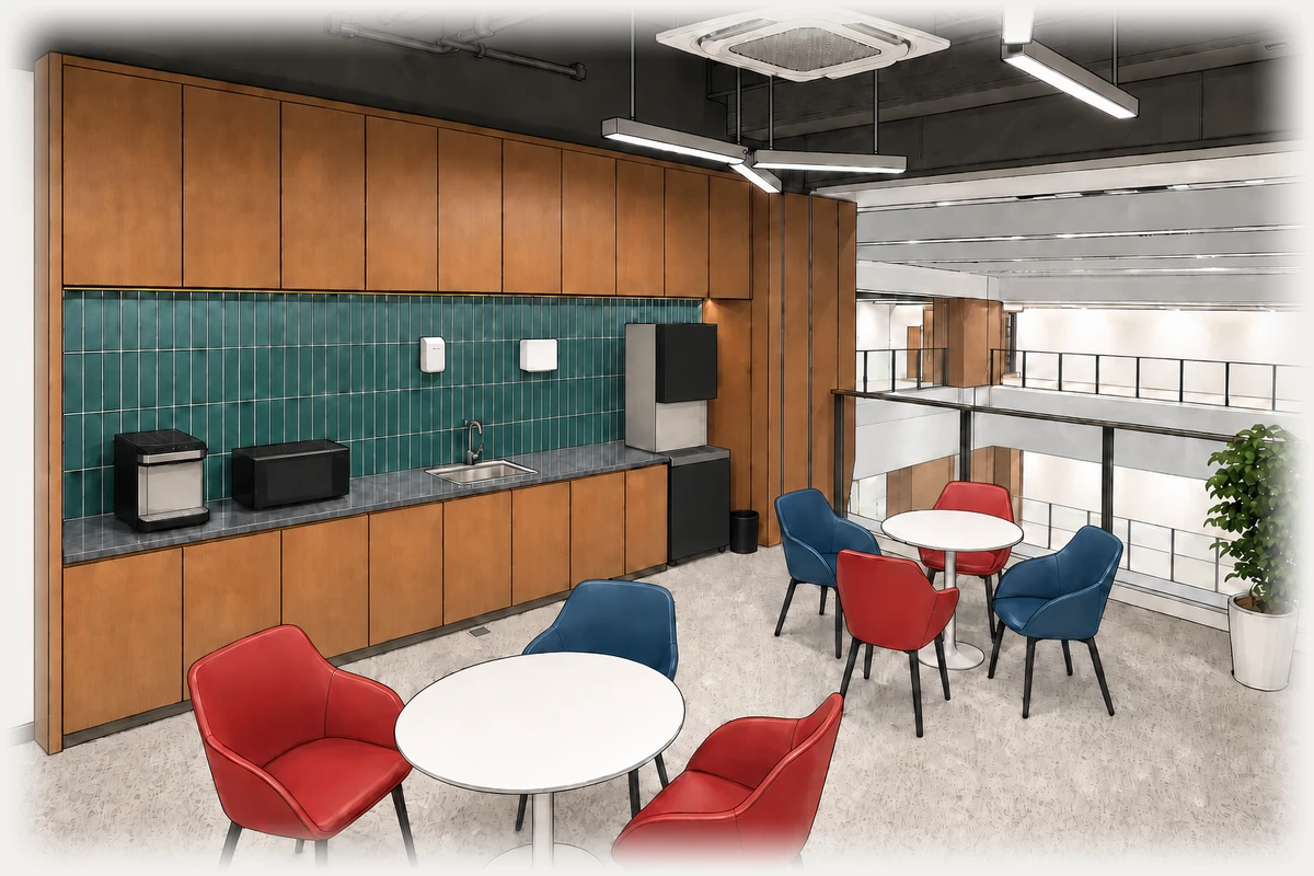 Pantry with green-tiled bar, coffee machine, and red and blue armchairs by the atrium balustrade
