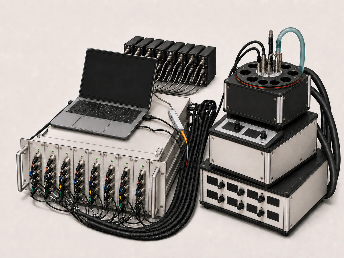 Parallel screening bench: eight-channel electrochemical workstation rack beside eight-position photo and electro reactor blocks with LED controllers