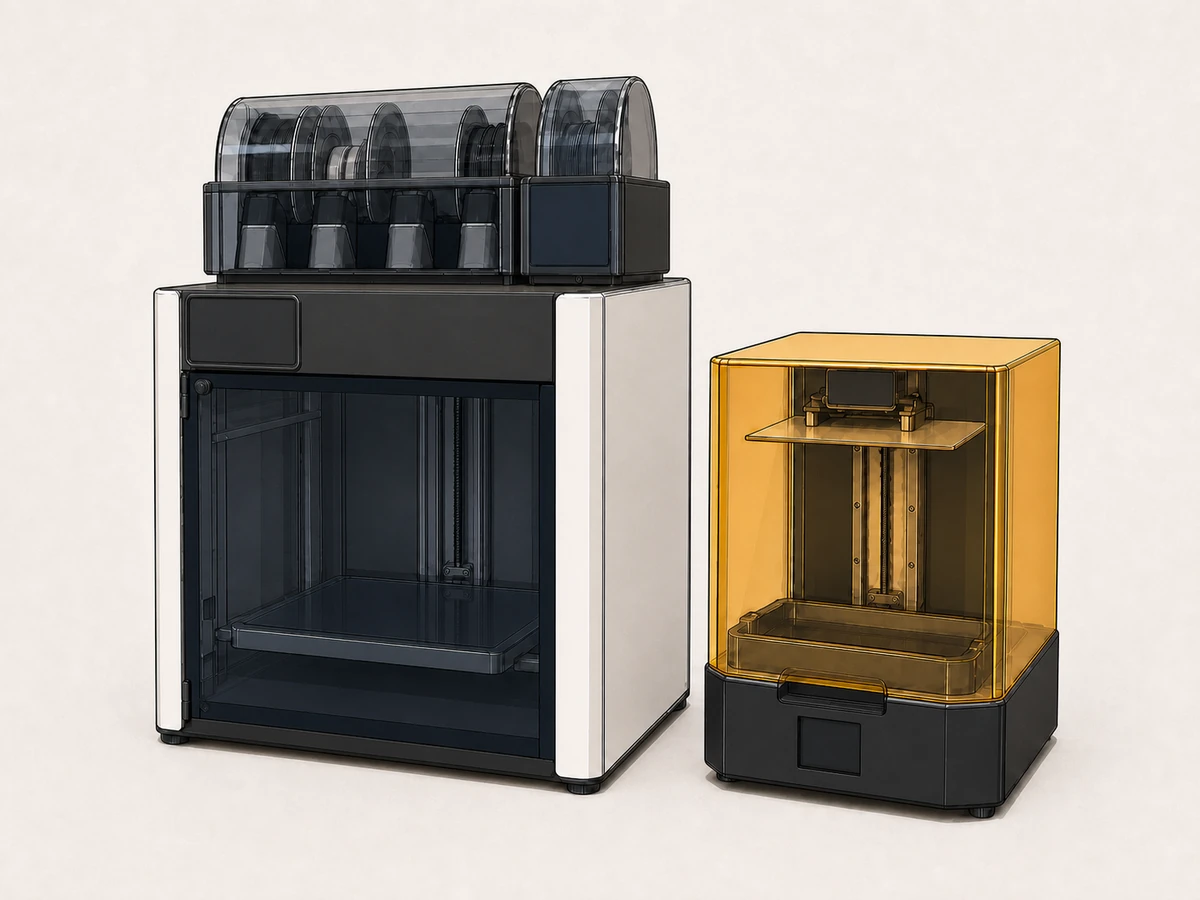 Bambu Lab H2D FDM 3D printer with AMS material systems on top