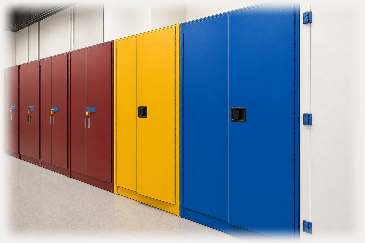 Reagent store with red, yellow, blue, and white safety cabinets carrying hazard-class labels