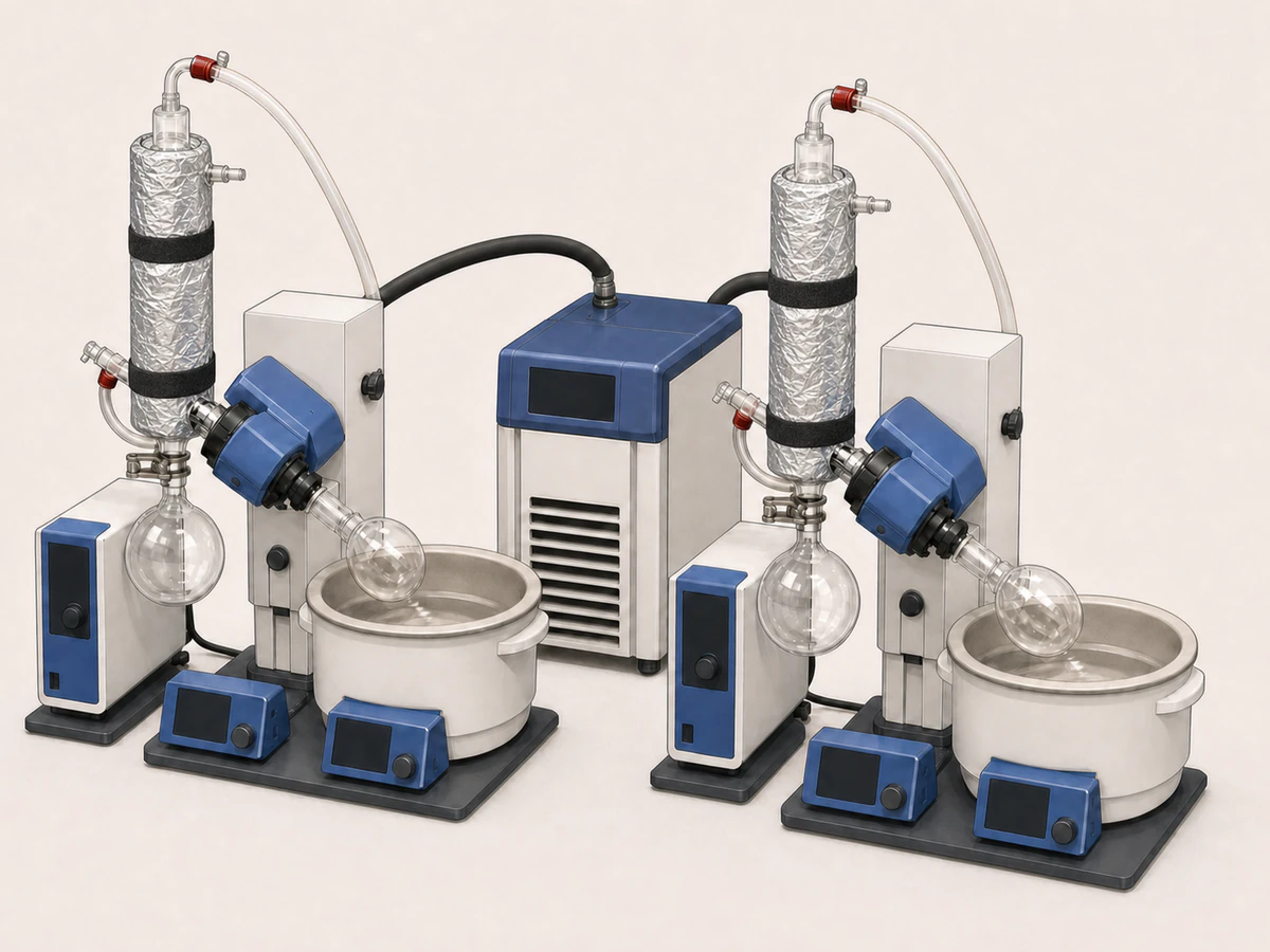 Two IKA RV 10 rotary evaporator stations with vacuum controllers inside a fume hood