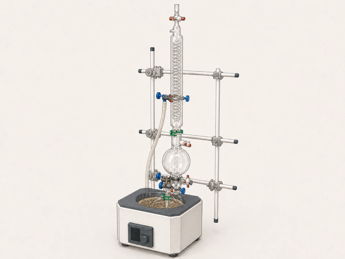 Glass solvent still with coiled condenser and heating bath set up inside a Sunway fume hood