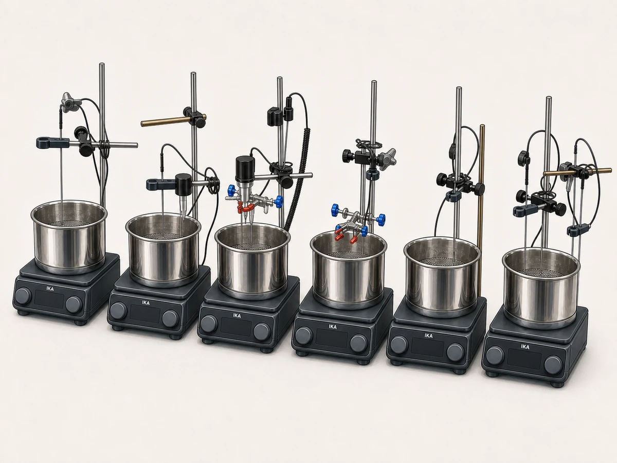 Row of six IKA RCT basic hotplate stirrers with steel baths and probes inside a fume hood