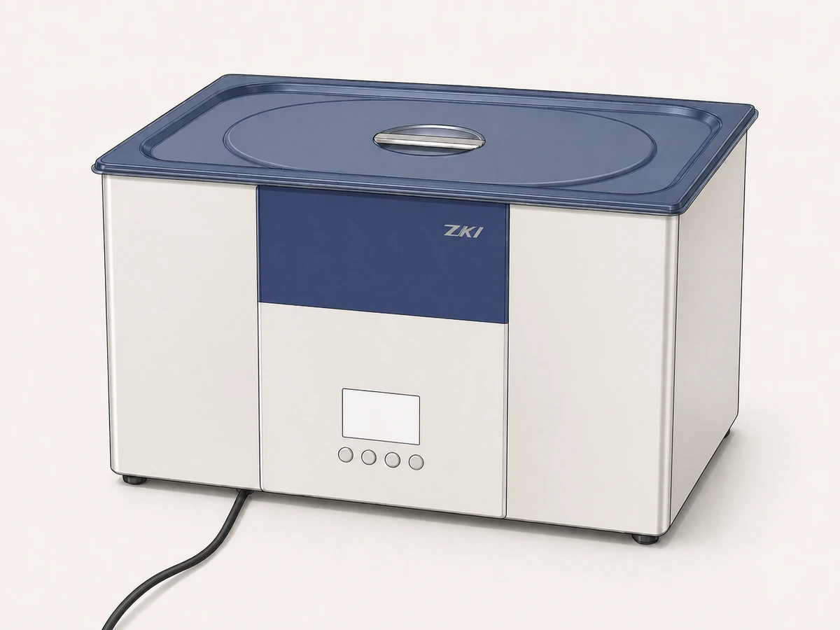 Benchtop ZKI ultrasonic cleaner with digital display showing 40.6 kHz