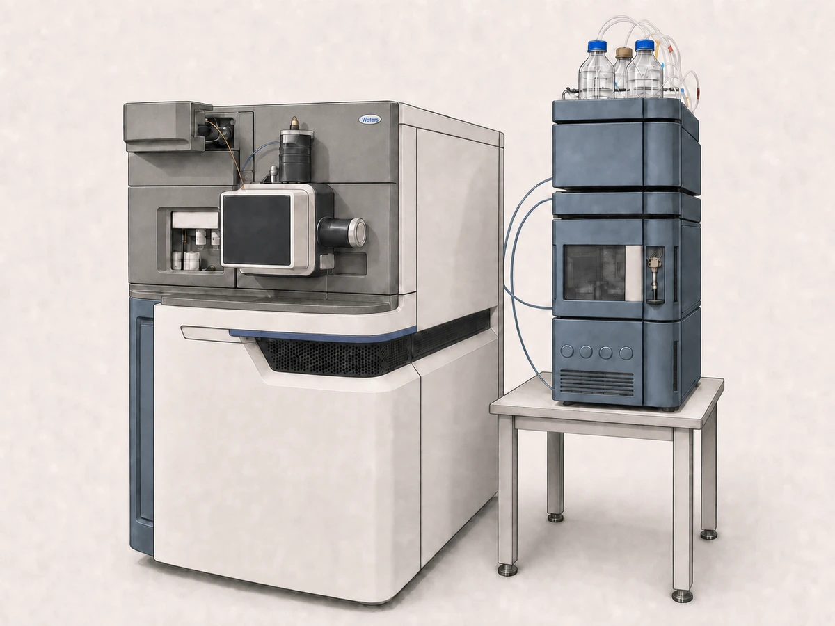 Waters SYNAPT G2-S QTOF mass spectrometer with ACQUITY UPLC module tower under an extraction arm