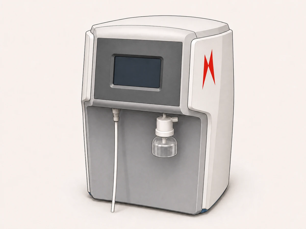 Ultrapure water purification system showing 18.2 megohm water quality on its touchscreen