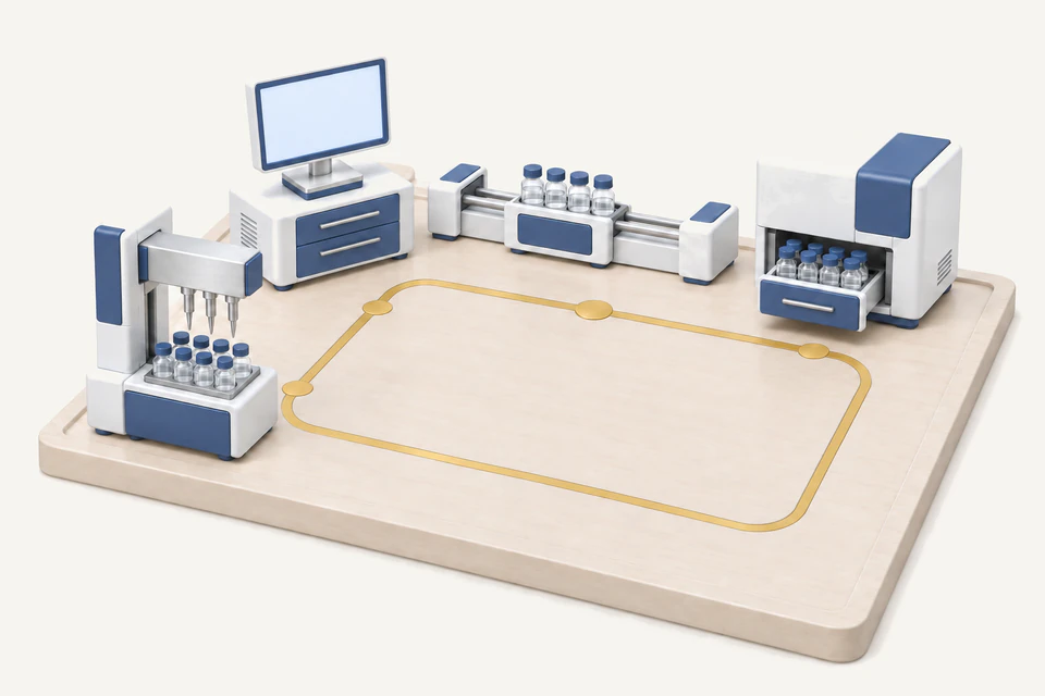 Synthesis gantry, compute node, vial shuttle and analyzer around one gold loop inlaid in a pale wooden plate