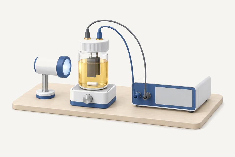 Benchtop photoelectrochemical cell of golden-amber solution with two graphite electrodes, lit from the side by an LED lamp and wired to a waveform generator