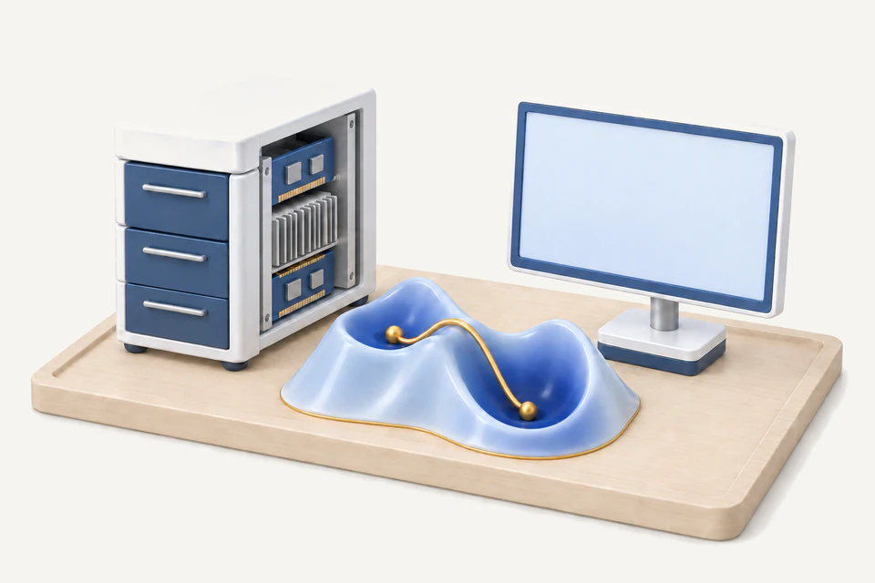 Compute tower with its side open beside a glazed porcelain relief of an energy surface: two valleys, one saddle and a gold path between the minima, with a blank monitor