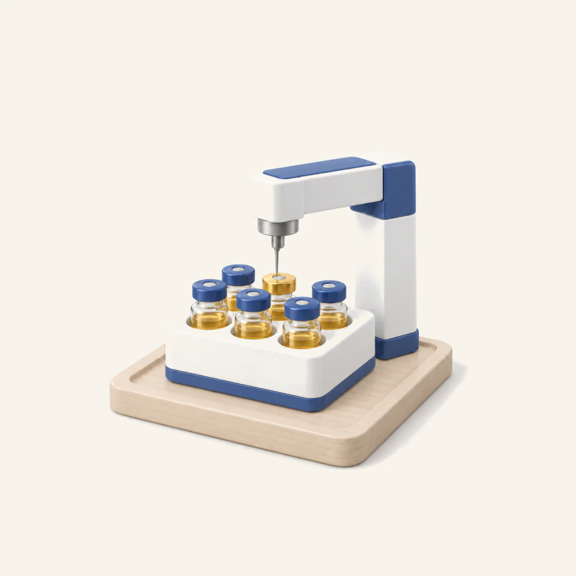 Automated dosing station: a gantry needle over the one gold-capped vial in a rack of six vials of golden-amber liquid