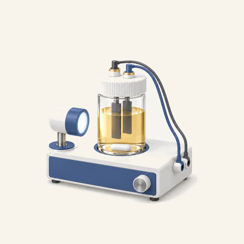 A small LED lamp lighting a two-electrode photoelectrochemical cell of golden-amber solution from the side