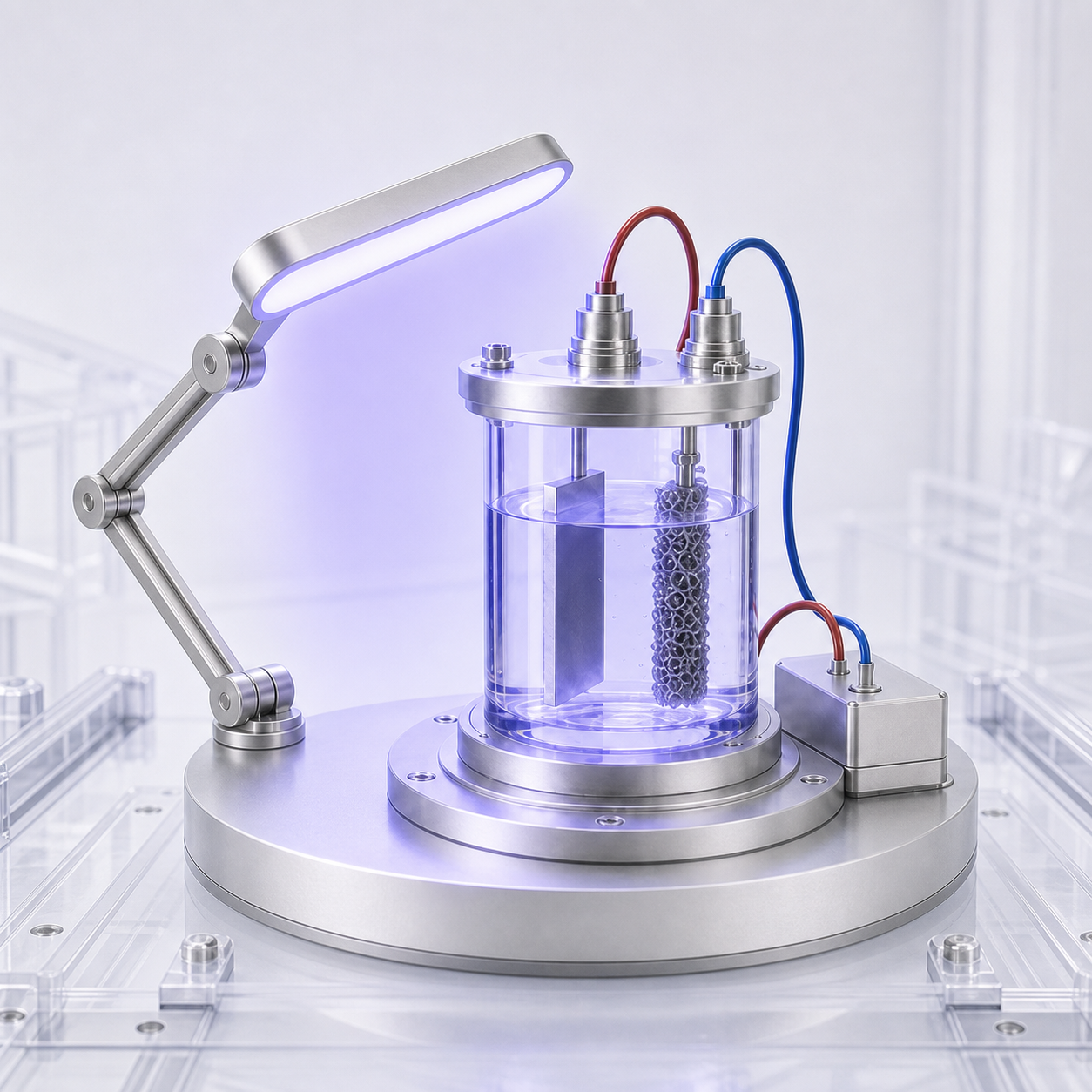 Violet-blue LED illuminating a two-electrode photoelectrochemical cell