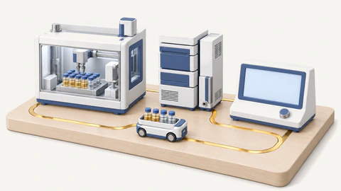 Closed AI synthesis loop on a pale wooden plate: a glass-enclosed gantry over golden-amber samples, a compact LC–MS stack, a blank control console and a flat gold inlay around a vial shuttle