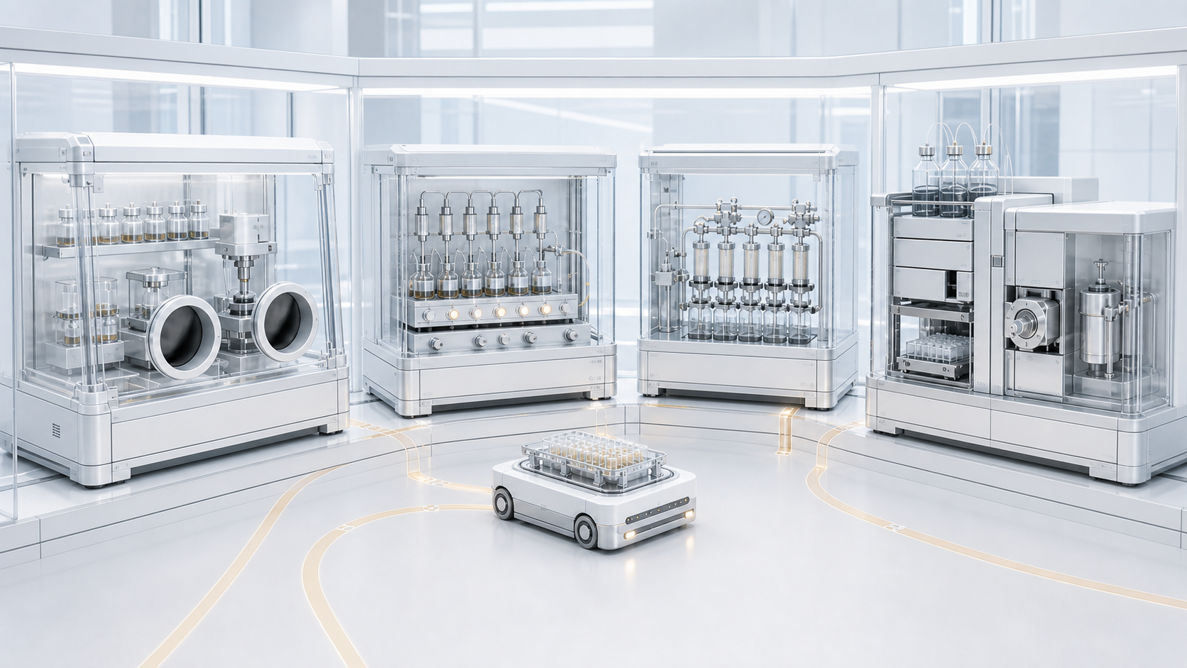 Automated synthesis and analysis stations linked by an amber transfer path in a self-driving laboratory