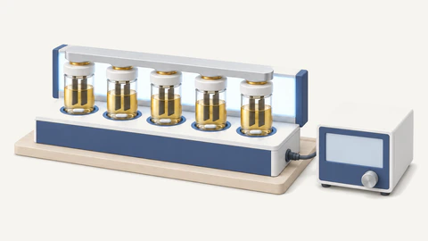 Five photoelectrochemical cells of golden-amber solution under one brushed-silver lid bar, lit through by a long LED panel behind them, with a compact waveform generator at right