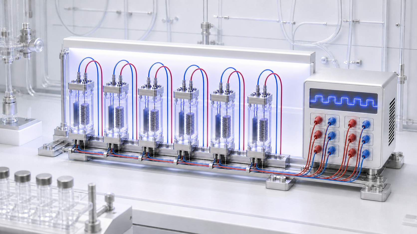 LED array driving a row of two-electrode photoelectrochemical cells wired to an AC waveform station