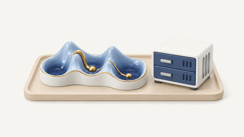 Glazed porcelain reaction-energy relief with three basins, two passes and a gilded rim, a raised gold channel crossing the lower pass, beside a small compute unit