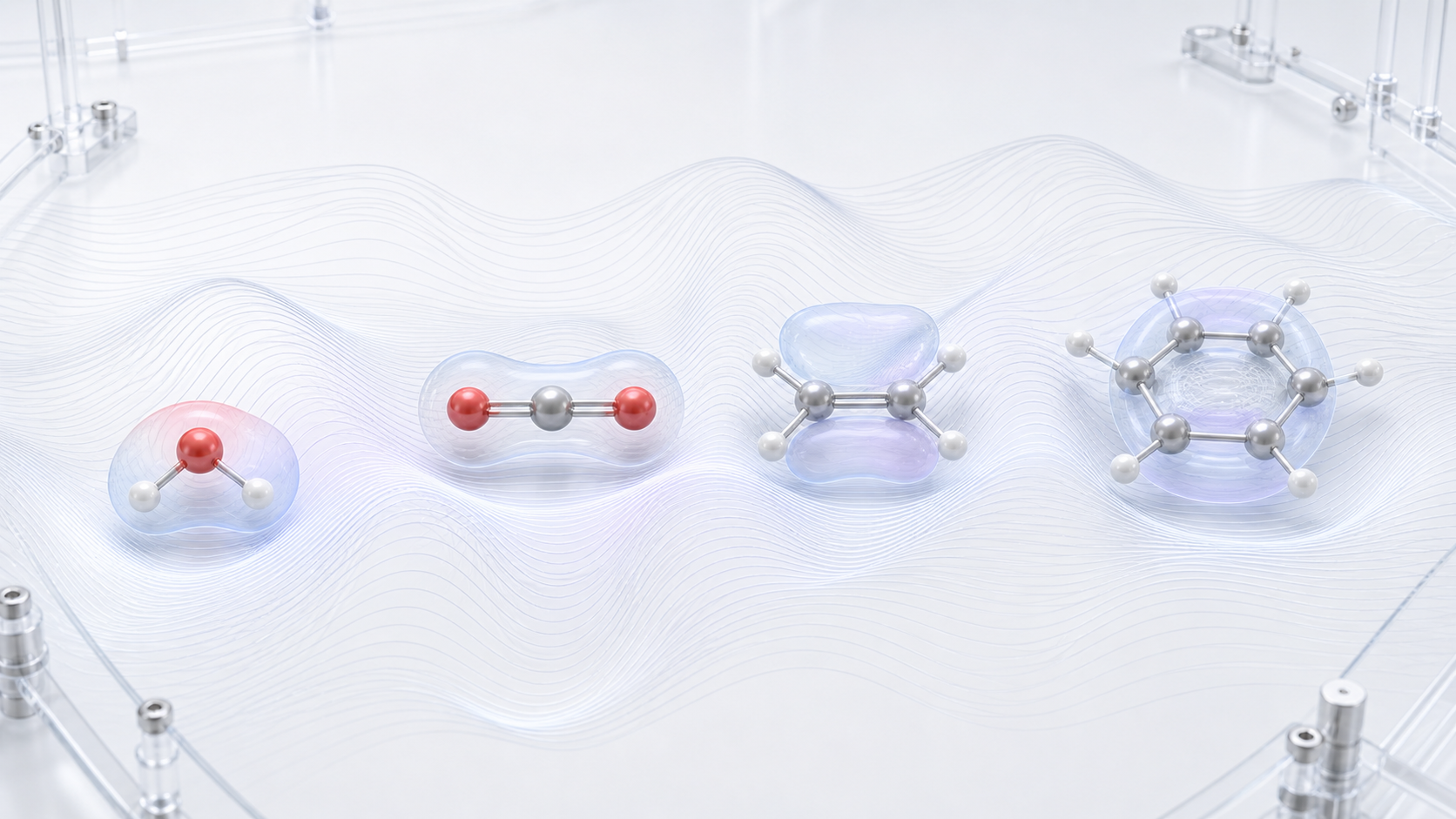 Water, carbon dioxide, ethene, and benzene analyses across one continuous potential-energy line field